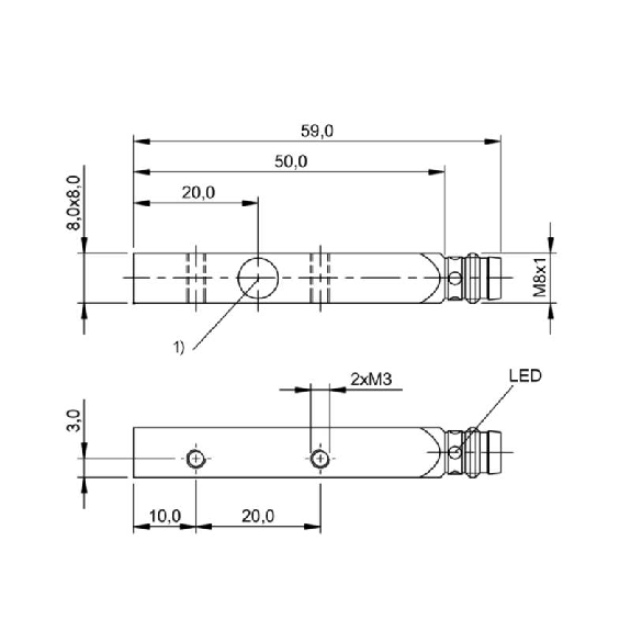 DPI Rect. PNP NO P2mm noyé 8x8x59mm Zinc 10-30Vdc / M08 3P-Lire la description