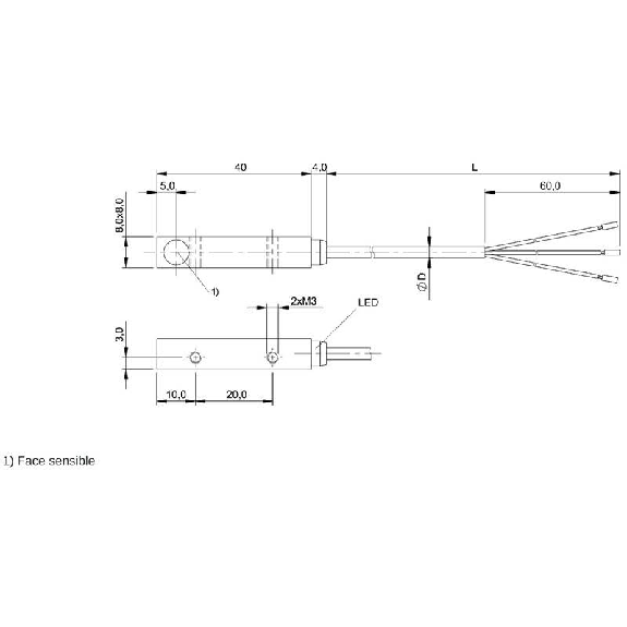 DPI Rect. PNP NO P3mm noyé 8x8x40mm / Câble 2m TPE-Lire la description