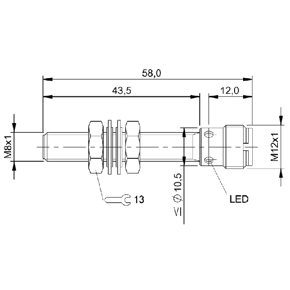 DPI M08 PNP NO P2mm noyé lg58(43,5)mm Inox 10-30Vdc / M12 4P-Lire la description