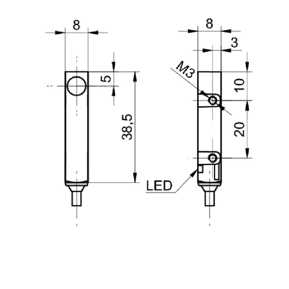DPI Rect. NPN NO P2mm noyé 8x8x40mm 10-30Vdc / Câble 2m-Lire la description