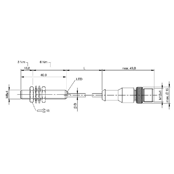 DPI M08 2 fils DC NO P2mm noyé lg40mm Laiton / M12 4P+C0.3m-Lire la description