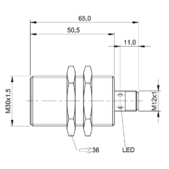 DPI M30 PNP NO P10mm noyé lg65(50,5)mm Laiton 10-30Vdc / M12 4P-Lire la description