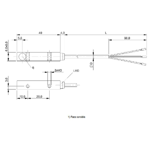 DPI Rect. PNP NO P1,5mm noyé 8x8x40mm Zinc 10-30Vdc / Câble 5m PVC-Lire la description