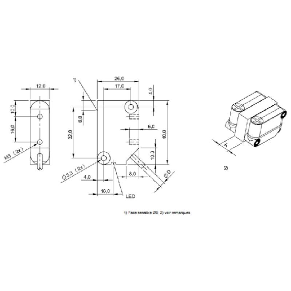 DPI Rect. PNP NO P4mm noyé 26x40x12mm 10-30Vdc / Câble 3m PVC-Lire la description