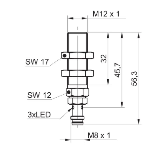 DPI à vis butée M12 NPN NO P1,2mm lg56.3mm Acier / M08 3P-Lire la description