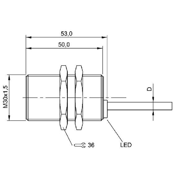 DPI M30 PNP NO P15mm noyé lg53mm Laiton 10-30Vdc / Câble 2m PVC-Lire la description