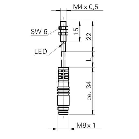DPI D04 PNP NF P0,8mm noyé lg22mm 10-30Vdc / M08 3P+C0.2m PUR-Lire la description