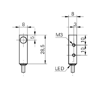 DPI Rect. PNP NO P2mm noyé 8x8x50mm 10-30Vdc / M05 4P+C0.2m-Lire la description