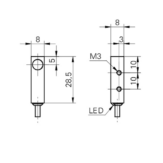 DPI Rect. PNP NO P2mm noyé 8x8x50mm 10-30Vdc / M05 4P+C0.2m-Lire la description