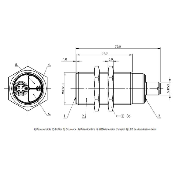 DPC M30 PNP NO P2-15mm noyé Pot. lg79(51)mm Inox 10-30Vdc / M12A 4P-Lire la description