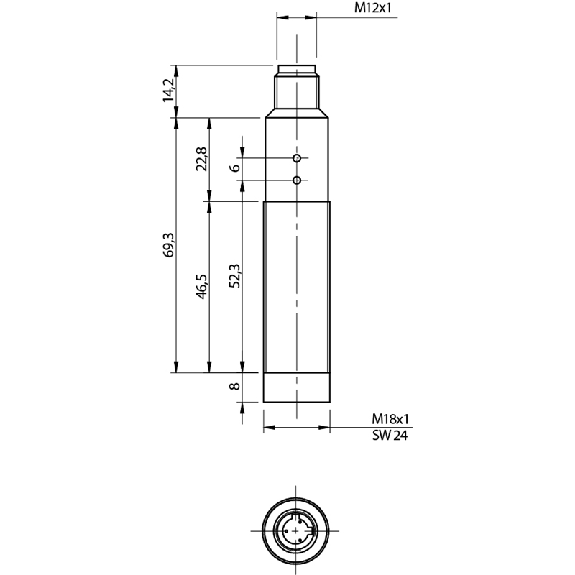 DPC M18 PNP NO+NF P12mm non noyé 91.5(52.3)mm Plast. / M12 4P-Lire la description