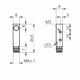 DPI Rect. NPN NO P2mm noyé 8x8x35,5mm 10-30Vdc / M08 3P-Lire la description