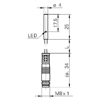 DPI D04 NPN NO P1mm noyé lg25mm 10-30Vdc / M08 3P+C0.2m PUR-Lire la description