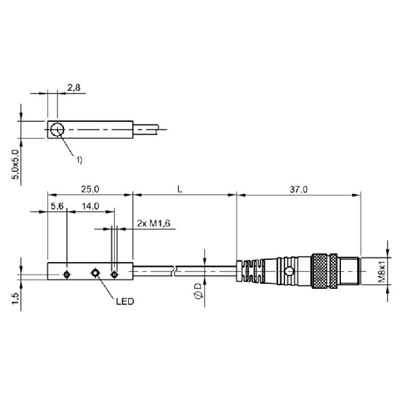 DPI Rect. PNP NO P1,5mm 5x5x25mm Inox 10-30Vdc / M08 3P+C0.3m-Lire la description