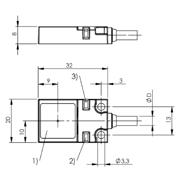 DPI Rect. PNP NO+NF P7mm noyé 20x8x32mm 10-30Vdc / C3m PUR-Lire la description
