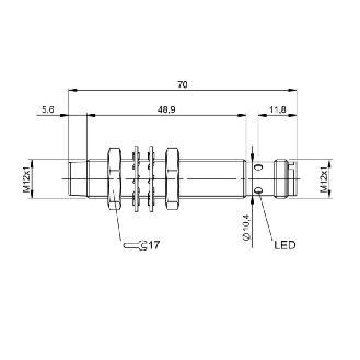 DPI M12 PNP NO P4mm non noyé 70(48,9)mm Inox 10-30Vdc IP68 / M12 4P-Lire la description