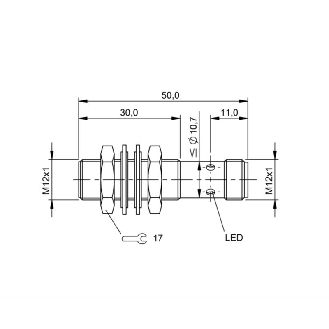 DPI M12 PNP NO P2mm noyé lg50(30)mm Laiton 10-30Vdc IP68 / M12 4P-Lire la description