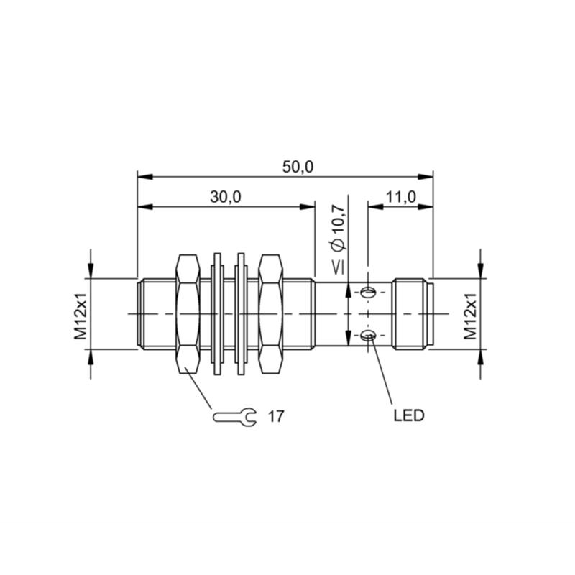 DPI M12 PNP NO P2mm noyé lg50(30)mm Laiton 10-30Vdc IP68 / M12 4P-Lire la description