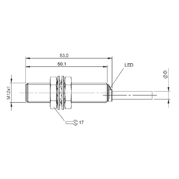DPI M12 PNP NF P4mm noyé lg50mm Inox 10-30Vdc IP68 / Câble 3m PUR-Lire la description