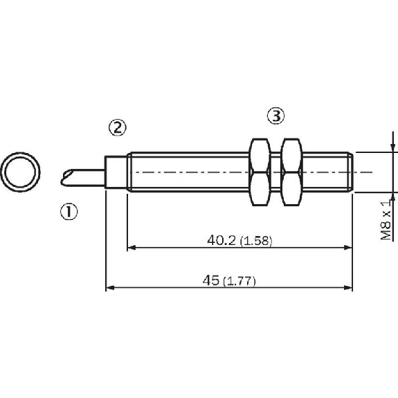 DPI M08 NPN NO P2mm noyé lg45(40,2)mm Laiton 10-30Vdc / Câble 2m PVC-Lire la description