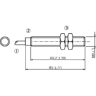 DPI M08 NPN NO P2mm noyé lg45(40,2)mm Laiton 10-30Vdc / Câble 2m PVC-Lire la description