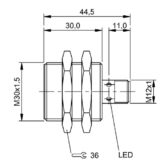 DPI M30 PNP NF P15mm noyé 44,5(30)mm Laiton 10-30Vdc / M12 4P-Lire la description