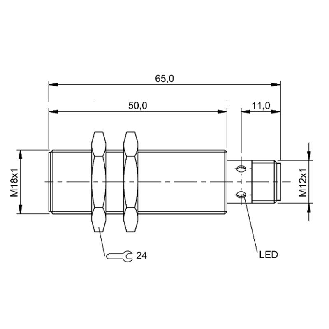 DPI M18 PNP NO P8mm noyé lg65(50)mm Laiton 10-30Vdc / M12 4P-Lire la description