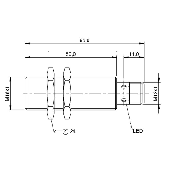 DPI M18 PNP NO P8mm noyé lg65(50)mm Laiton 10-30Vdc / M12 4P-Lire la description