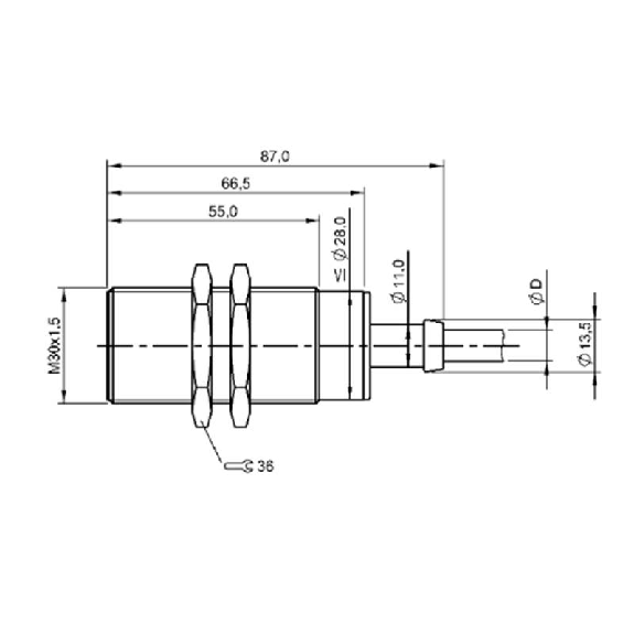 DPI HT M30 NPN NO+NF P10mm noyé lg87mm +120°C / Câble 2m silicone-Lire la description
