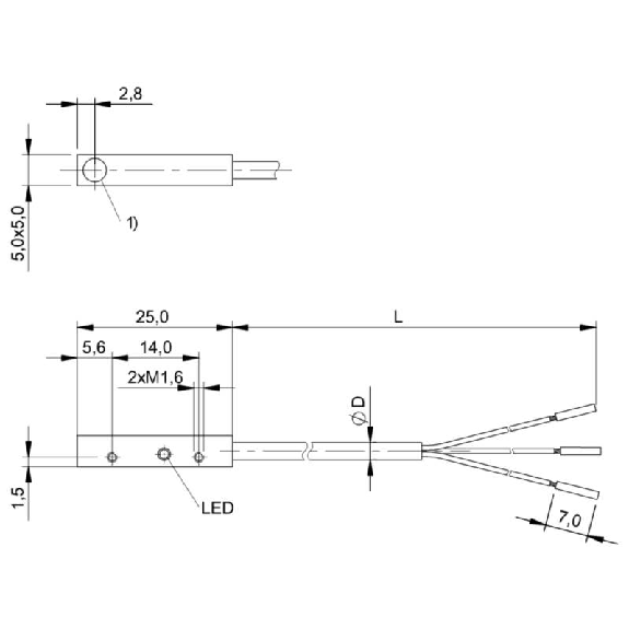 DPI Rect. PNP NO P0,8mm noyé 5x5x25 Alu 10-30Vdc / Câble 5m PUR DPI Rect. PNP NO P0,8mm noyé 5x5x25 Alu 10-30Vdc / Câble 5m PUR-Lire la description