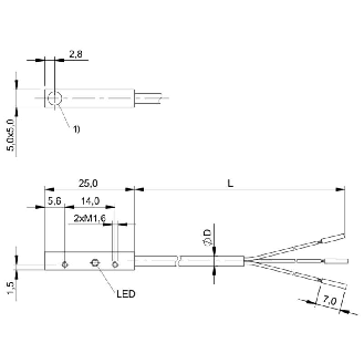 DPI Rect. PNP NO P0,8mm noyé 5x5x25 Alu 10-30Vdc / Câble 5m PUR-Lire la description