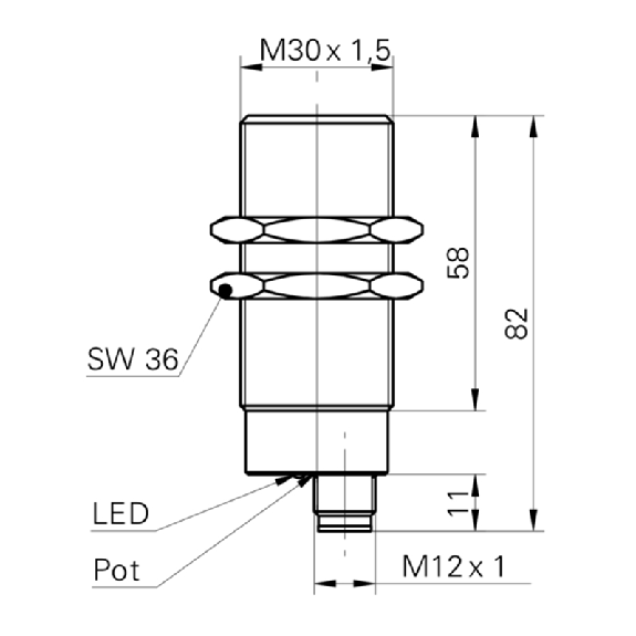 DPC M30 NPN NF P4-15mm noyé lg82mm Laiton IP65 / M12 4P-Lire la description