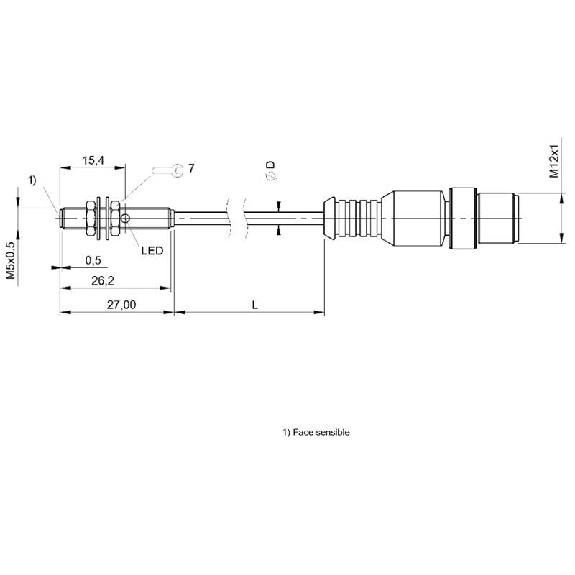 DPI M05 PNP NO P0.8mm noyé lg27mm Inox / M12 4P+C0.5m-Lire la description