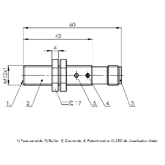 DPC M12 PNP NO P1-4mm noyé lg60(43)mm Inox 12-35Vdc / M12 4P-Lire la description