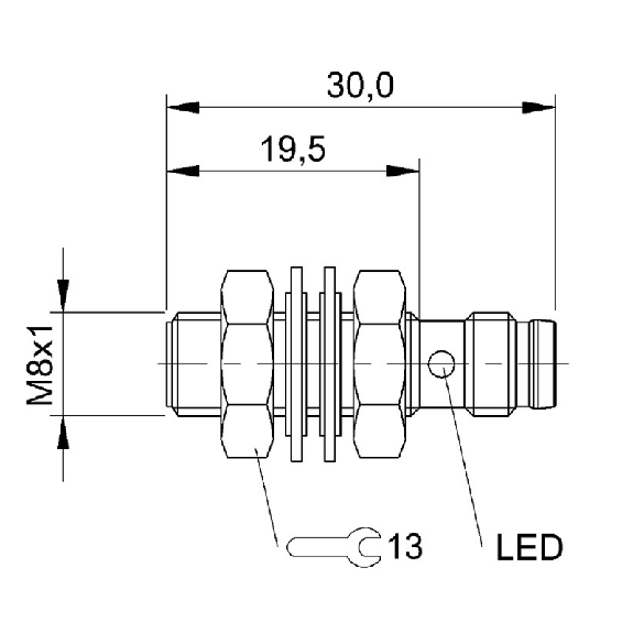 DPI M08 PNP NO P2mm noyé lg30(19,5)mm Inox 10-30Vdc / M08 3P-Lire la description
