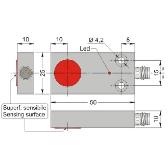 DPI Rect. PNP NO P5mm noyé 50x25x10mm Laiton 10-30Vdc / M08 3P-Lire la description
