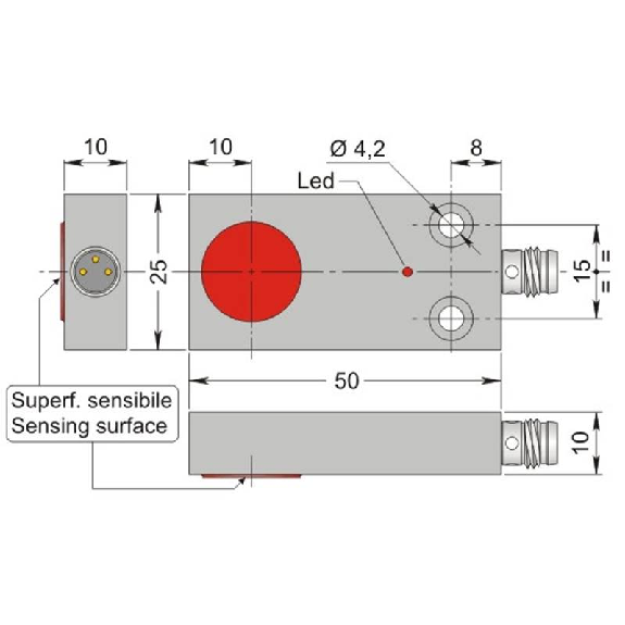 DPI Rect. PNP NO P5mm noyé 50x25x10mm Laiton 10-30Vdc / M08 3P-Lire la description