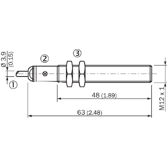 DPI M12 PNP NF P2mm noyé 63(48)mm Laiton 10-30Vdc / Câble 2m PVC-Lire la description