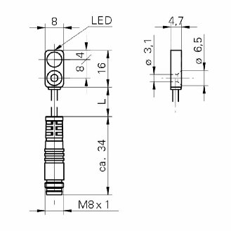 DPI Rect. PNP NO P2mm noyé 8x4,7x16mm 10-30Vdc / M08 3P+C0.2m-Lire la description