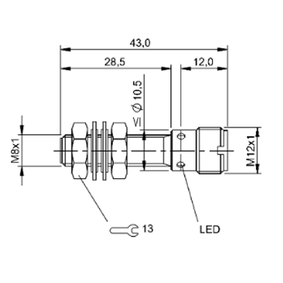 DPI M08 NPN NO P1,5mm noyé lg43(28,5)mm Inox 10-30Vdc / M12 4P-Lire la description