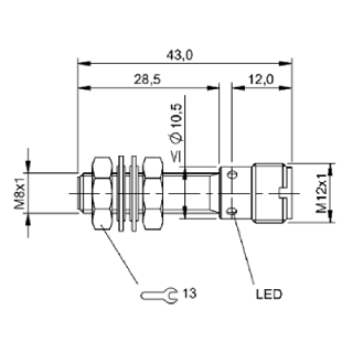 DPI M08 NPN NO P1,5mm noyé lg43(28,5)mm Inox 10-30Vdc / M12 4P-Lire la description