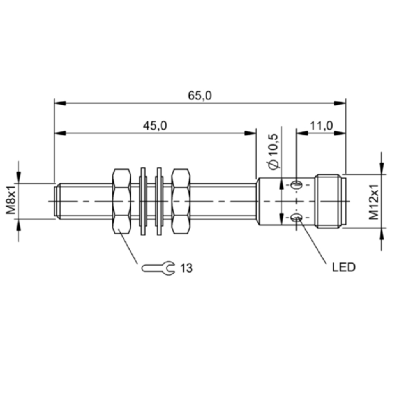DPI M08 PNP NF P2mm noyé lg65(50)mm Laiton 12-30Vdc / M12 4P-Lire la description