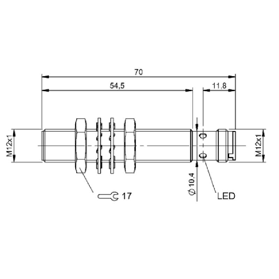 DPI M12 PNP NO P4mm noyé lg70(54.5)mm Laiton 10-30Vdc IP68 / M12 4P-Lire la description