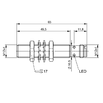 DPI M12 PNP NO P2mm noyé lg65(49,5)mm Laiton 10-30Vdc / M12 4P-Lire la description