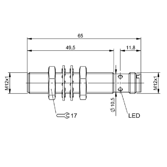 DPI M12 PNP NO P2mm noyé lg65(49,5)mm Laiton 10-30Vdc / M12 4P-Lire la description