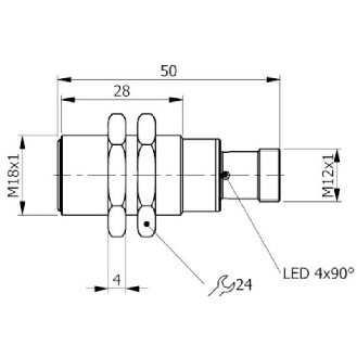 DPI M18 PNP NO P8mm noyé lg50(28)mm Inox 10-30Vdc / M12A 4P-Lire la description