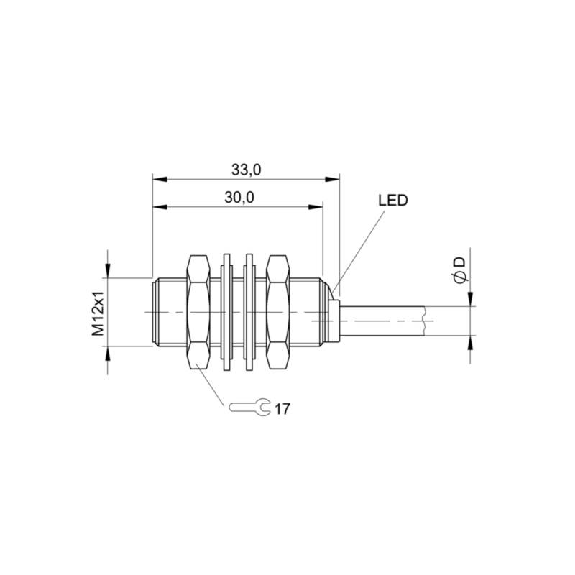 DPI M12 PNP NF P2mm noyé lg33mm Laiton 10-30Vdc / Câble 3m PVC-Lire la description