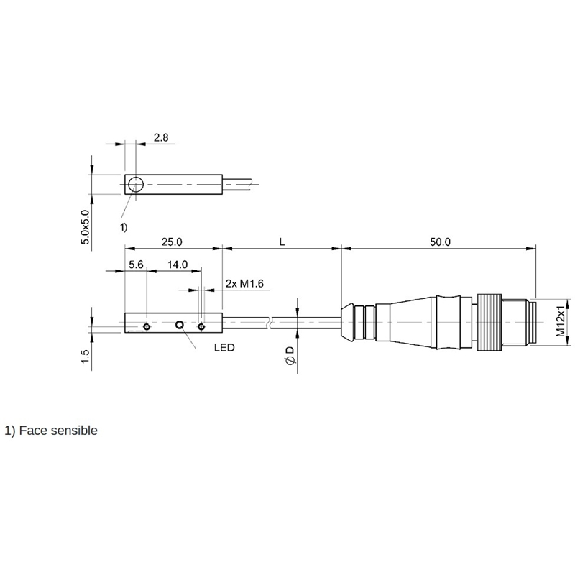 DPI Rect. PNP NO P1,5mm 5x5x25mm Inox 10-30Vdc / M12 4P+C0.3m-Lire la description