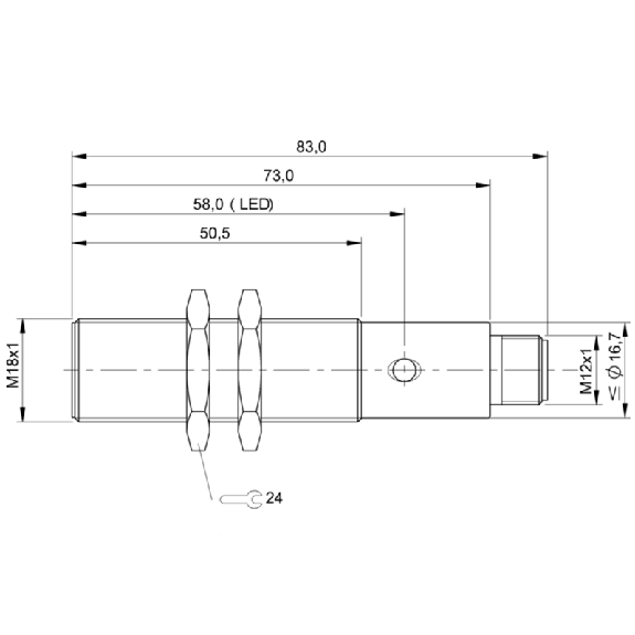 DPI M18 PNP NF P5mm noyé lg83(50.5)mm Inox 10-30Vdc / M12 4P-Lire la description