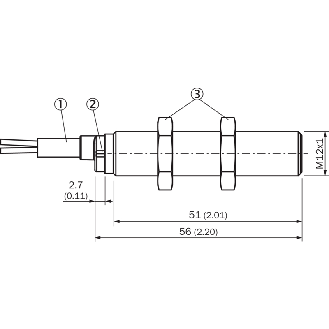 DPI M12 PNP NO P4mm noyé 56(51)mm Inox V2A +100°C / Câble 2m PUR-Lire la description